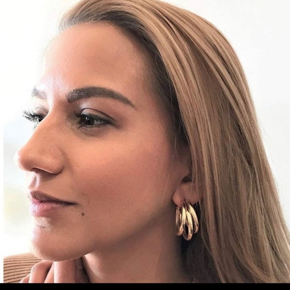 ₩ New 18k Gold Three-Layer Round Drop Earrings - Picture 6 of 7